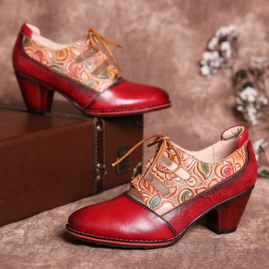 Leather Embossed Flowers Splicing Cut out Lace-up Chunky Heel Pumps Dress Shoes Leather Embossed Flowers Splicing Cut out Lace-up Chunky Heel Pumps Dress Shoes