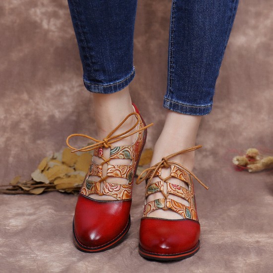 Leather Embossed Flowers Splicing Cut out Lace-up Chunky Heel Pumps Dress Shoes Leather Embossed Flowers Splicing Cut out Lace-up Chunky Heel Pumps Dress Shoes