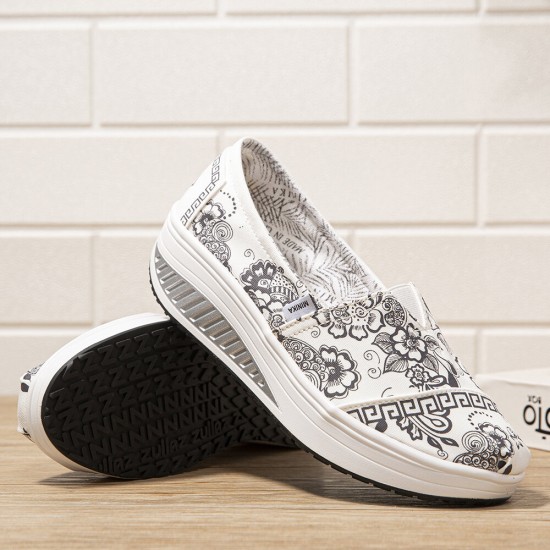 Women Casual Flowers Printed Pattern Comfortable Rocker Sole Walking Shoes Women Casual Flowers Printed Pattern Comfortable Rocker Sole Walking Shoes