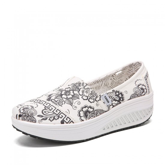 Women Casual Flowers Printed Pattern Comfortable Rocker Sole Walking Shoes Women Casual Flowers Printed Pattern Comfortable Rocker Sole Walking Shoes
